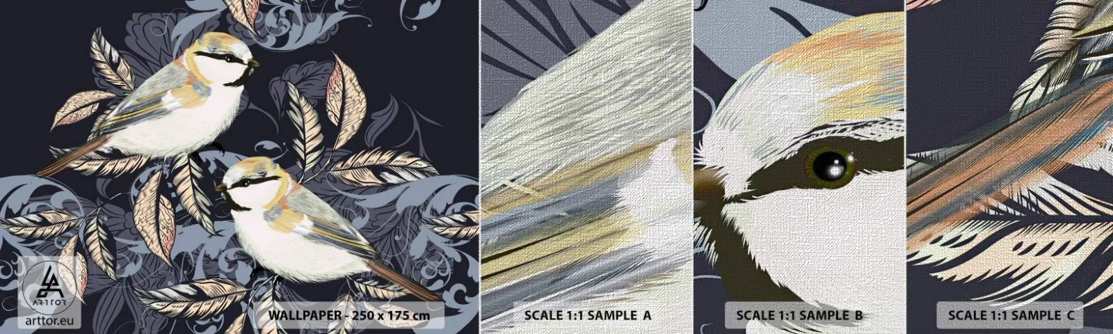 Photo Wallpaper Sample Premium Canvas - Blue and Yellow Chirp - Abstraction, Birds, Leaves - 100x30 cm