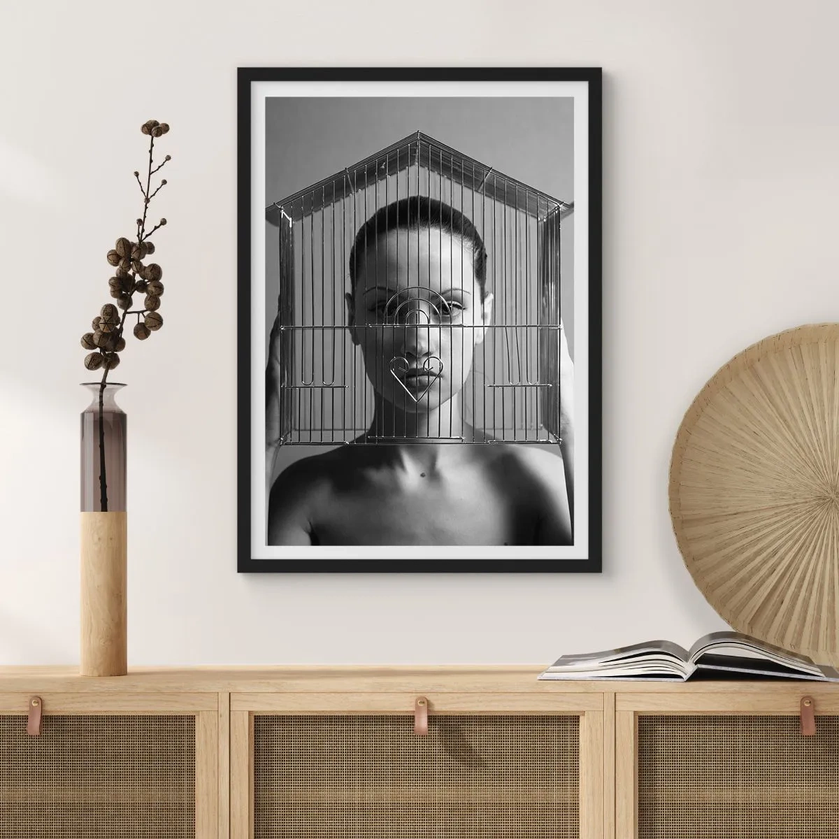 Poster in black frame - Woman behind metal cage with heart in black and white - 50x70cm - A Bit Surrealistic Portrat - Modern wall decoration for the living room and bedroom ARTTOR