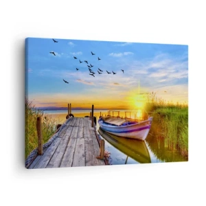 Canvas picture - A boat at a wooden pier at sunset - 70x50cm - Goodbye, See You tomorrow - Modern wall decoration for the living room and bedroom ARTTOR