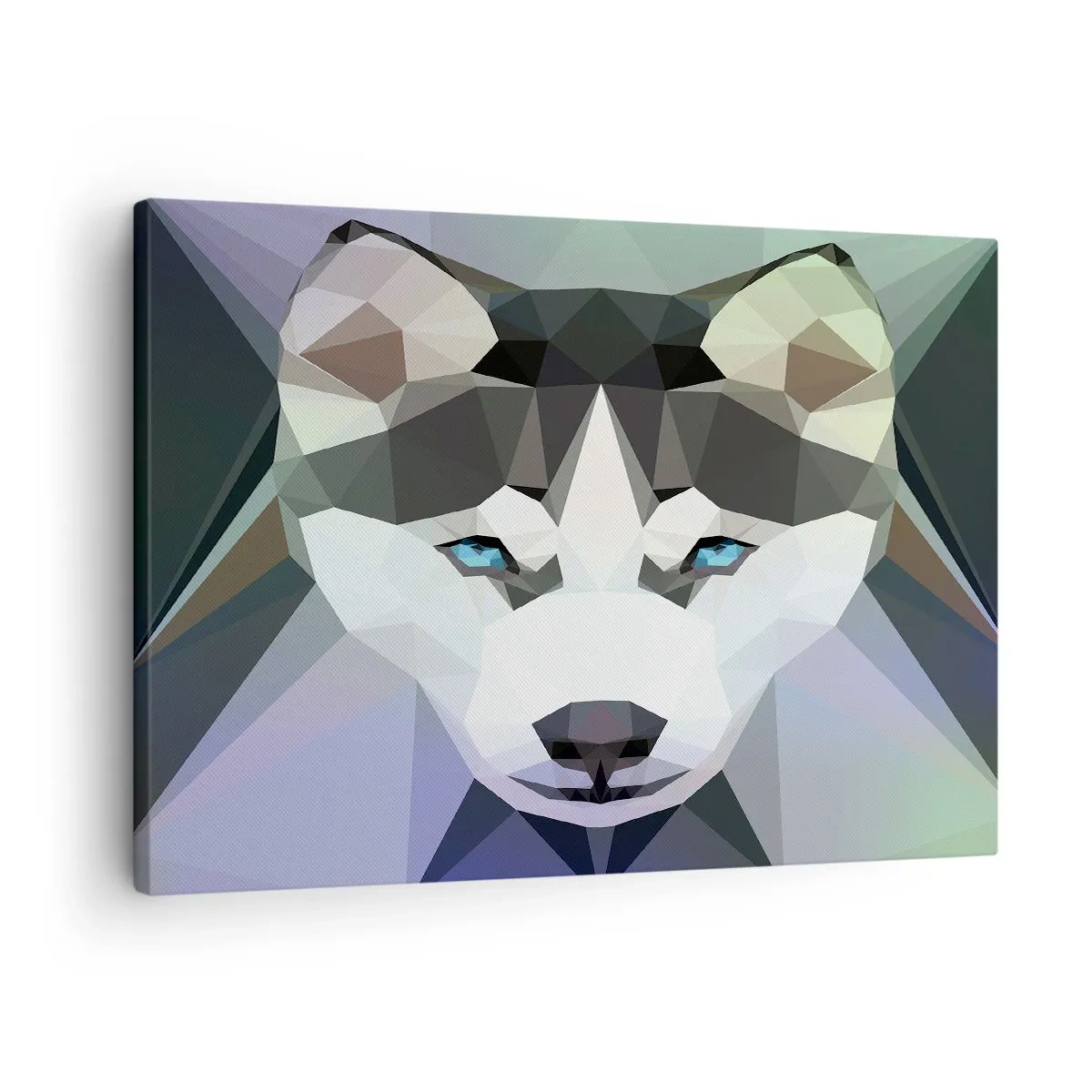 Canvas picture - Geometric wolf with expressive blue eyes - 70x50cm - Memory of Northern Snow - Modern wall decoration for the living room and bedroom ARTTOR