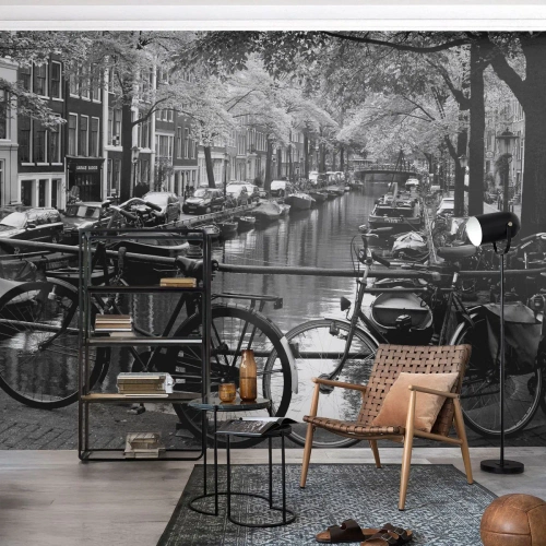 Photo Wallpaper Premium Sand - A Very Dutch View - Amsterdam, Bicycle, Architecture - 400x280 cm