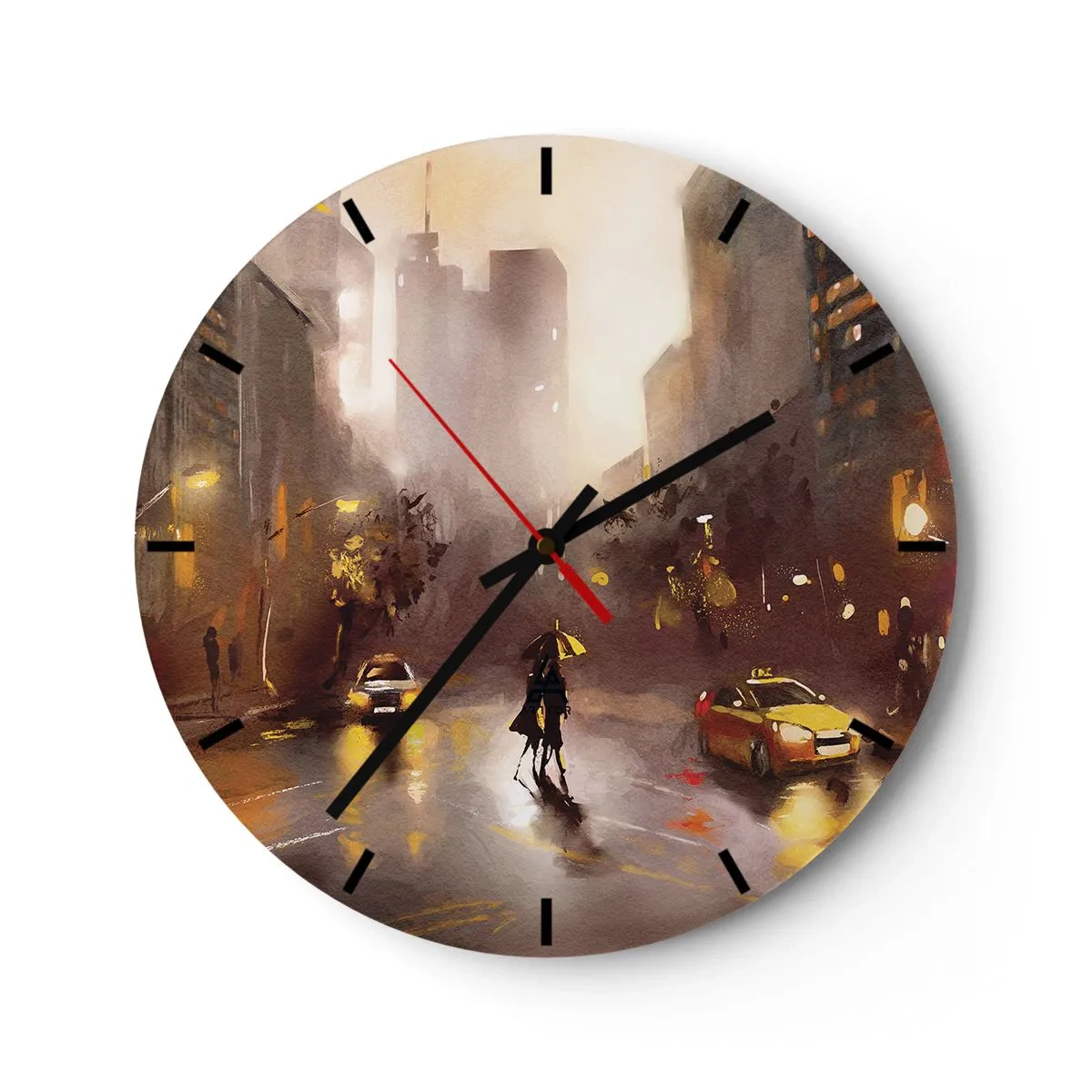 Wall clock - Clock on glass - A city street in warm shades during rain - 30x30cm - In New York Lights - Modern wall decoration for the living room, kitchen, and bedroom ARTTOR