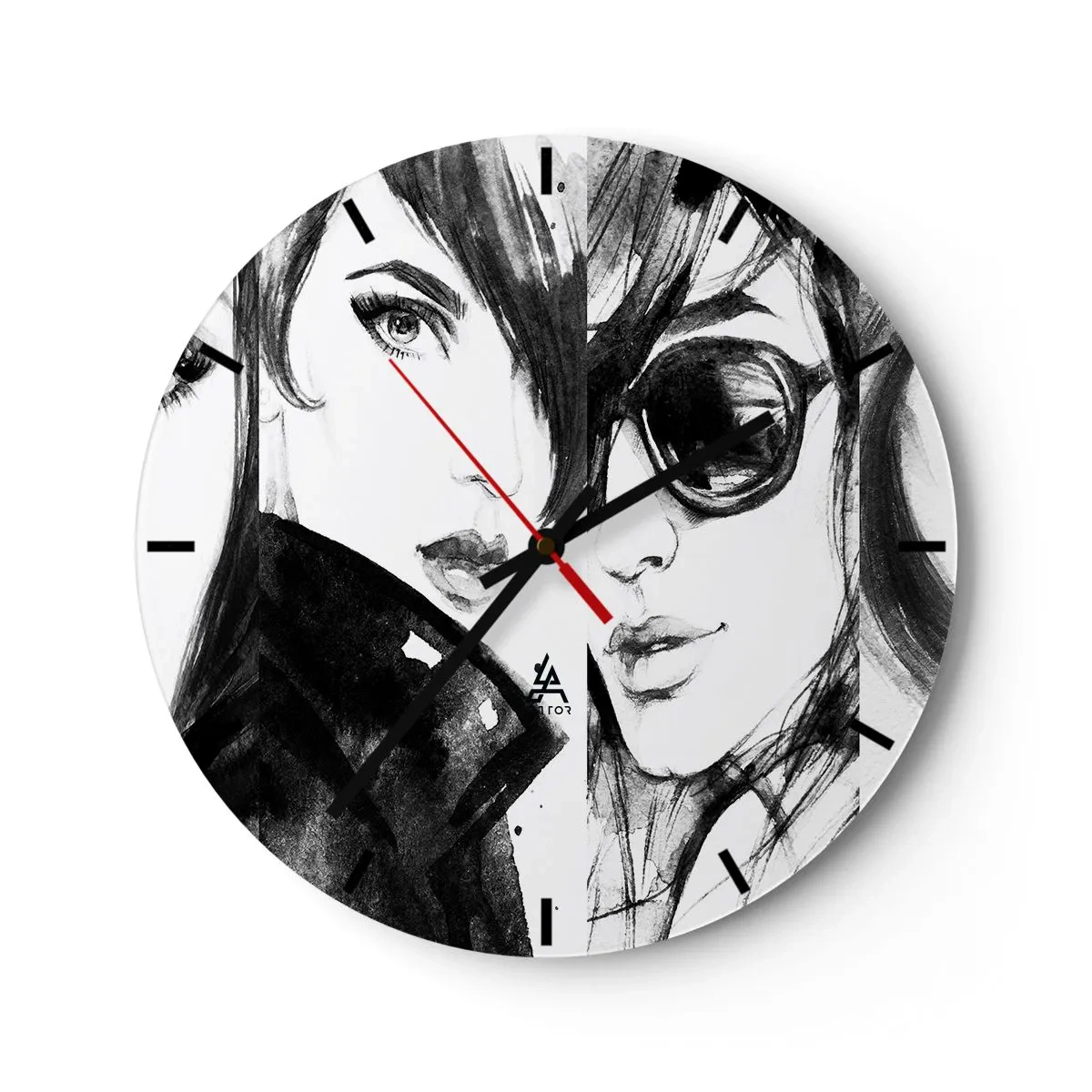 Wall clock - Clock on glass - Two female silhouettes in a sketchy style - 30x30cm - Beauty Multiplied - Modern wall decoration for the living room, kitchen, and bedroom ARTTOR