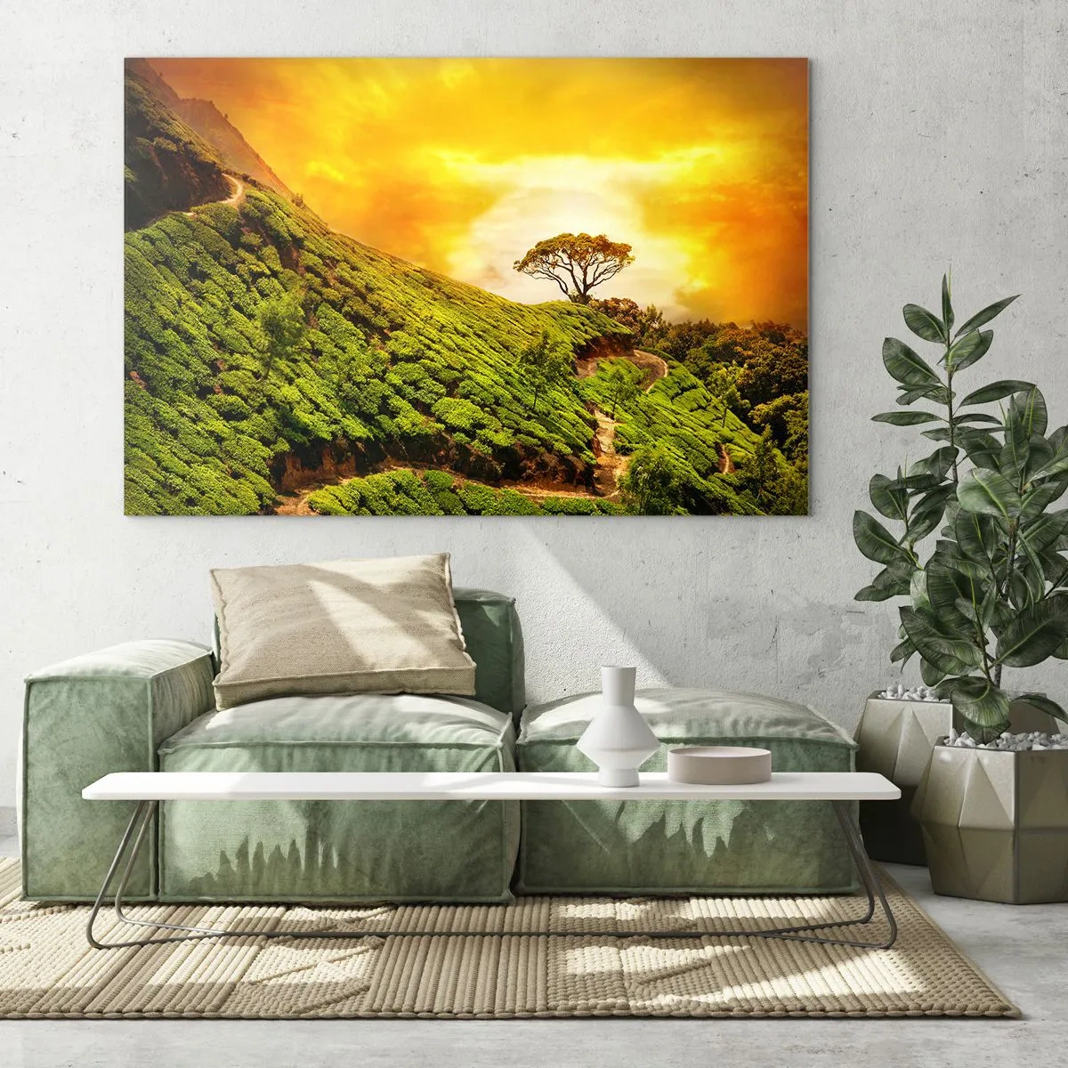 Glass picture - Green hills with a lone tree at sunset - 70x50cm - Winding Path, Green Slope - Modern wall decoration for the living room and bedroom ARTTOR