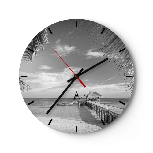 Wall clock - Clock on glass - A black and white pier with a gazebo on the ocean and palm trees in the frame. - 30x30cm - Memory or a Dream? - Modern wall decoration for the living room, kitchen, and bedroom ARTTOR