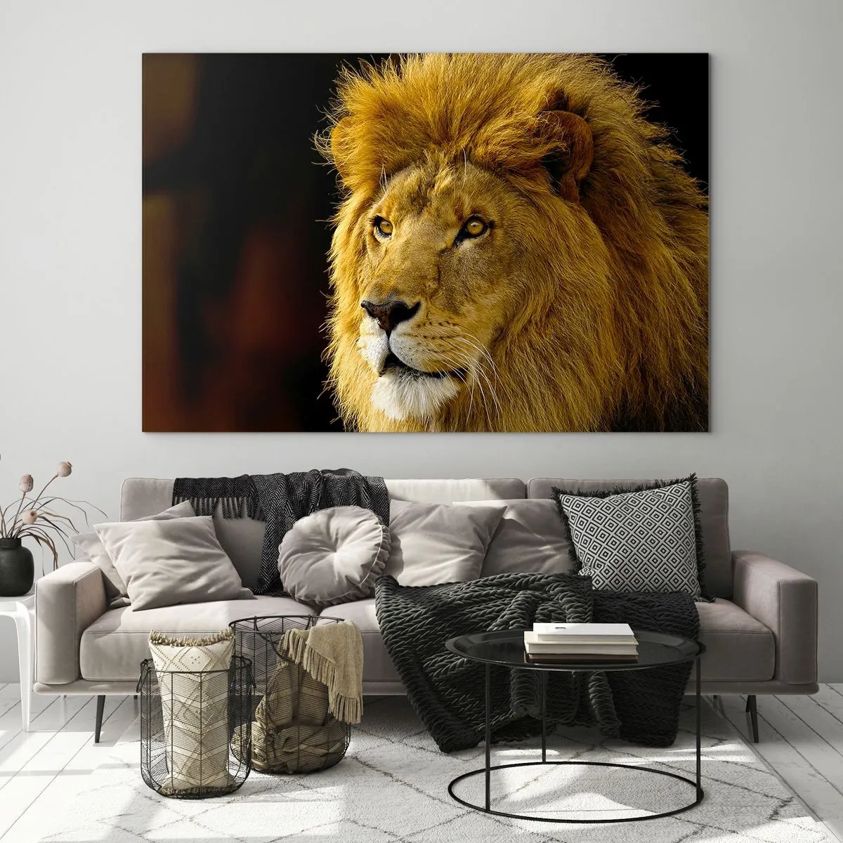 Glass picture - Portrait of a majestic lion against a dark background - 70x50cm - Portrait of a King - Modern wall decoration for the living room and bedroom ARTTOR