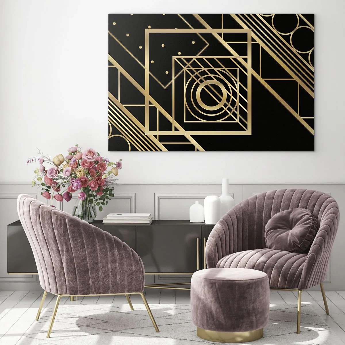 Glass picture - Golden geometric patterns on a black background - 70x50cm - Golden Geometry - Modern wall decoration for the living room and bedroom ARTTOR