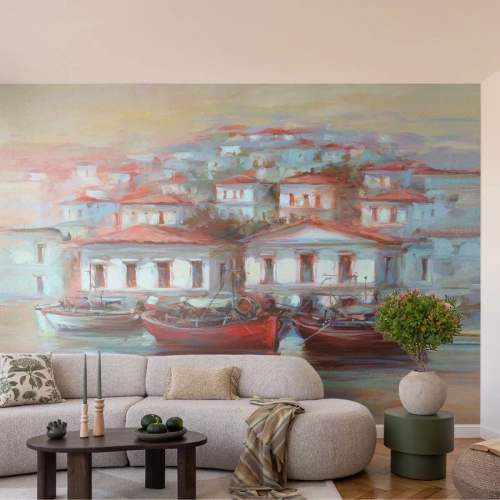 Photo Wallpaper Premium Canvas - Happy Town - Architecture, Sailboat, Harbor - 350x256 cm