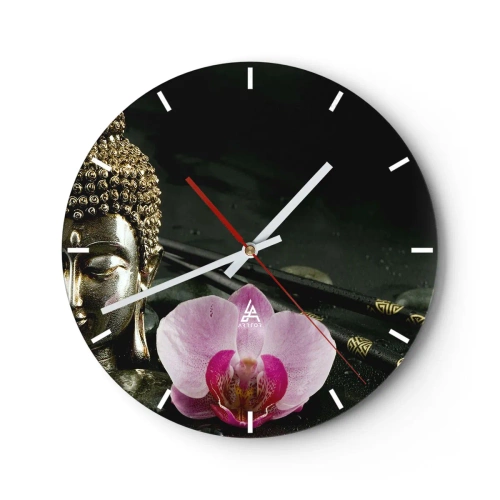 Wall clock - Clock on glass - Buddha figure with an orchid in an oriental style - 30x30cm - Harmony of Wisdom and Beauty - Modern wall decoration for the living room, kitchen, and bedroom ARTTOR