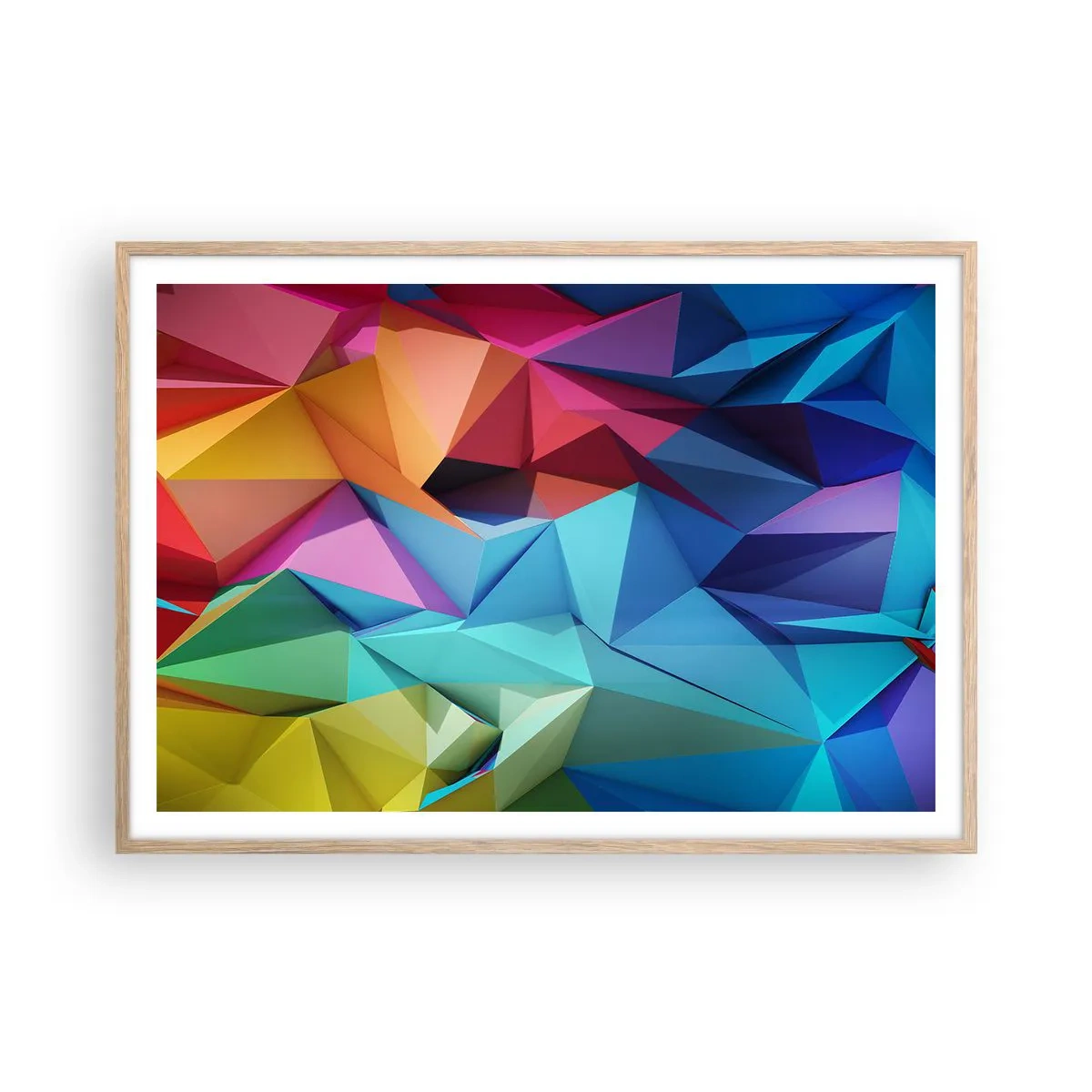 Poster in light oak frame - Rainbow Origami - 100x70 cm