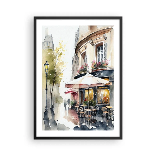 Poster in black frame - A cafe on a picturesque European-style street - 50x70cm - Morning in Paris - Modern wall decoration for the living room and bedroom ARTTOR
