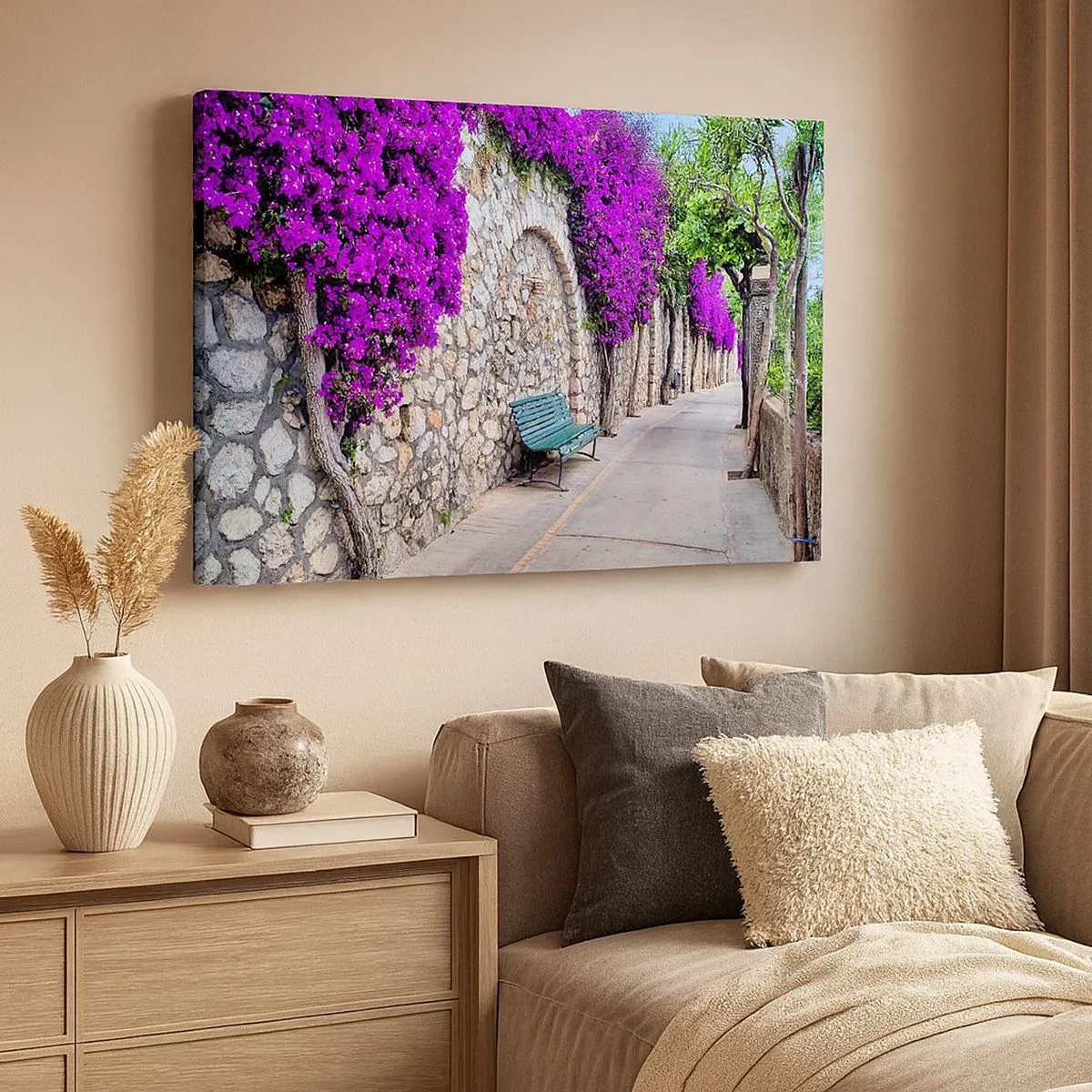 Canvas picture - A stone path with a bench and blooming purple flowers - 70x50cm - Let's Meet - Modern wall decoration for the living room and bedroom ARTTOR