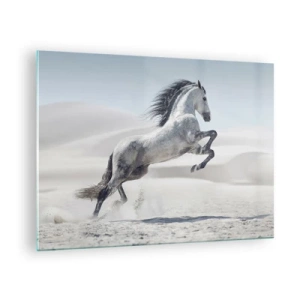 Glass picture - A white horse leaping against the backdrop of desert dunes - 70x50cm - Arabic Prince - Modern wall decoration for the living room and bedroom ARTTOR