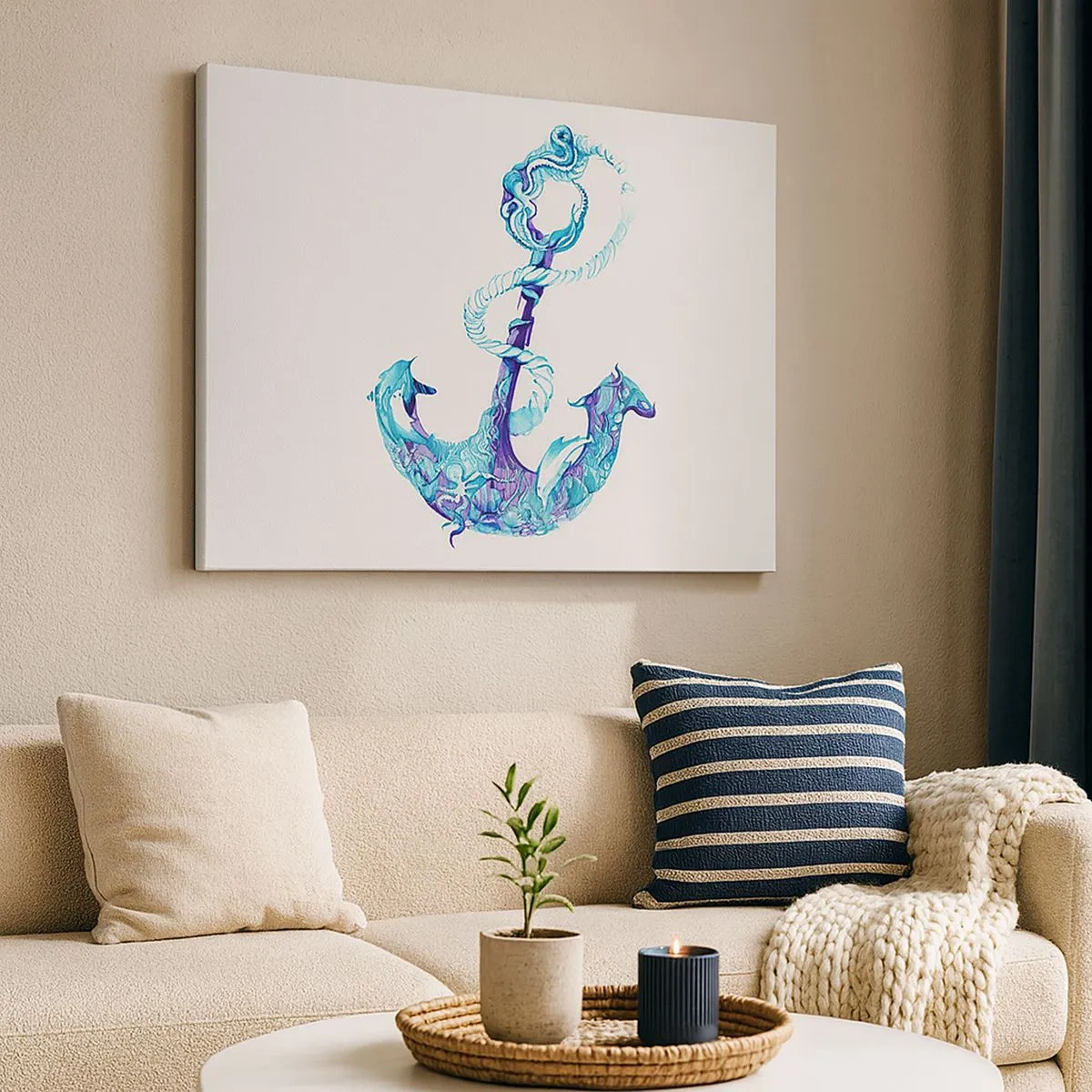 Canvas picture - Abstract anchor in shades of blue with nautical details - 70x50cm - Trustee of the Sea - Modern wall decoration for the living room and bedroom ARTTOR
