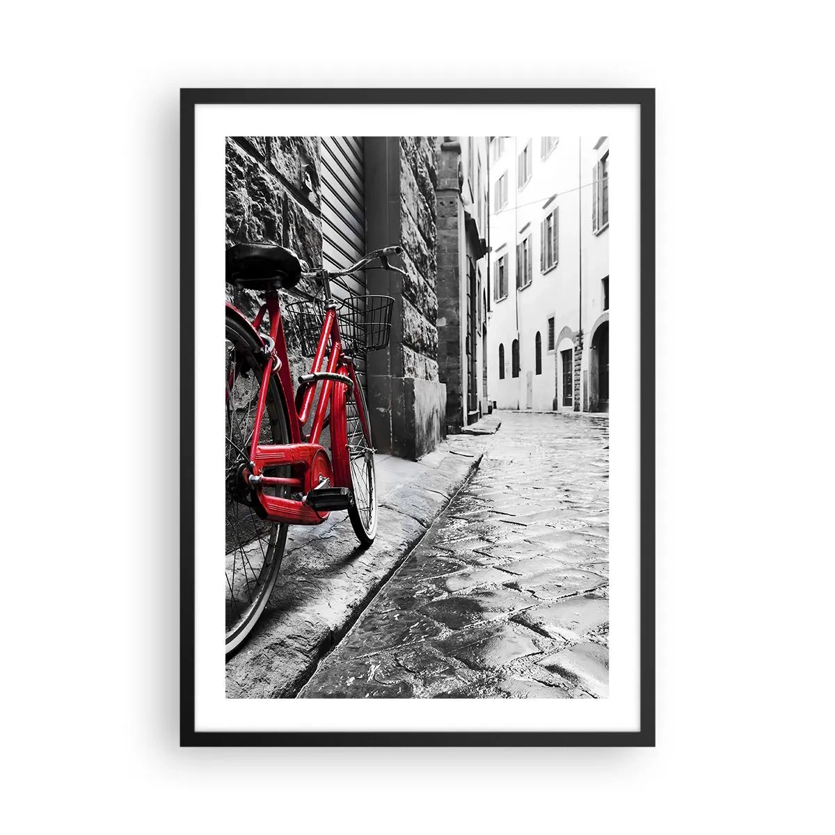 Poster in black frame - A red bicycle on a black and white cobblestone street - 50x70cm - Real Beauty Does Not Age - Modern wall decoration for the living room and bedroom ARTTOR