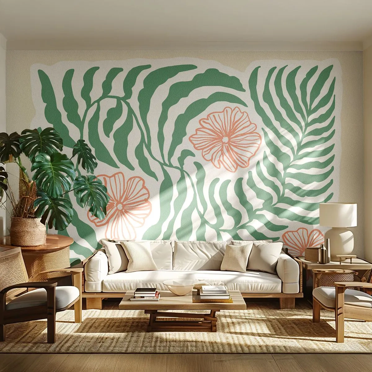 Self-Adhesive Photo Wallpaper Deluxe Sticker - Blossoming in Green - Boho, Botanical, Flowers - 350x256 cm