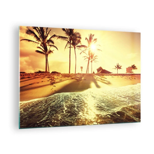 Glass picture - Golden beach with palm trees at sunset and a calm sea - 70x50cm - Californian Afternoon - Modern wall decoration for the living room and bedroom ARTTOR