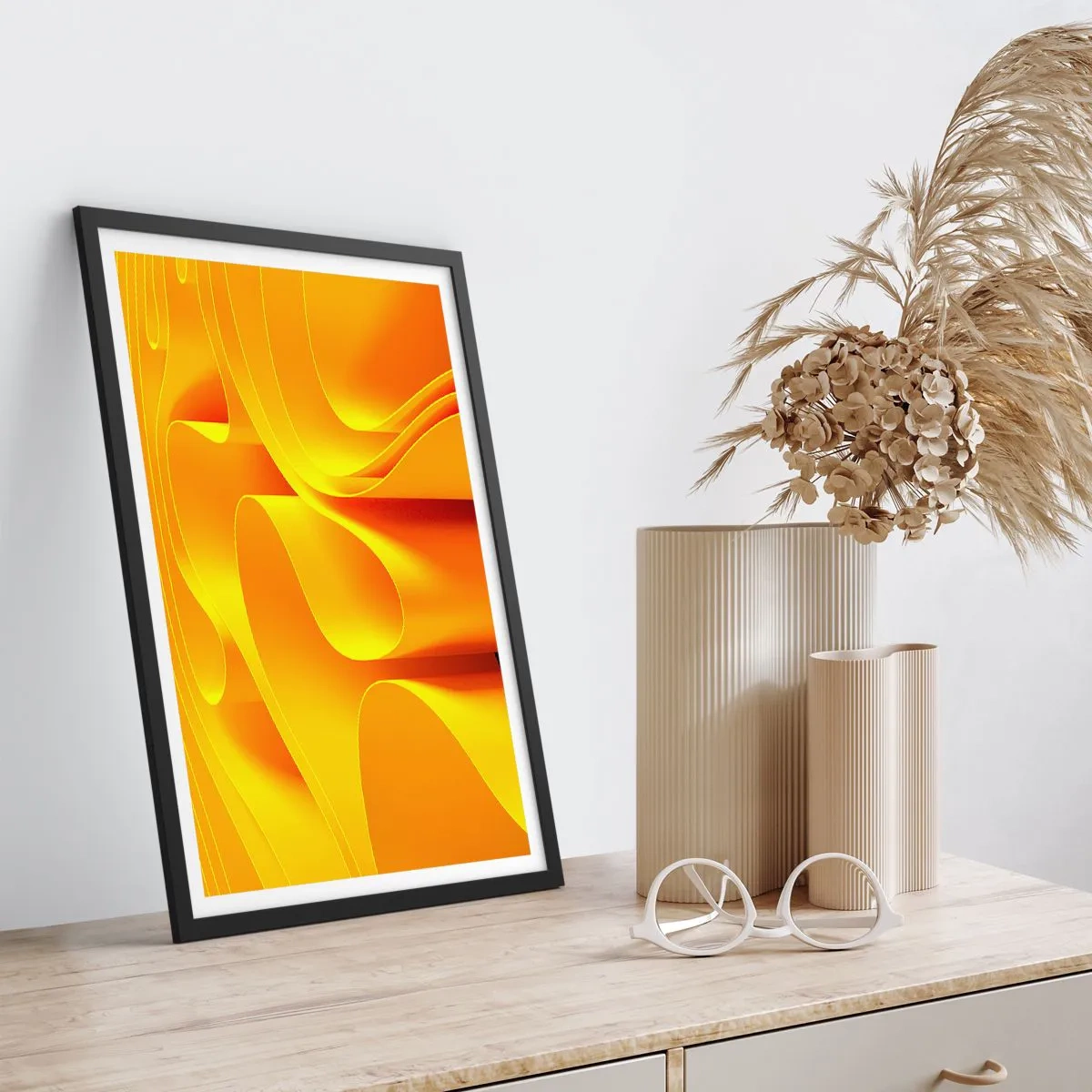 Poster in black frame - An abstract composition in shades of gold and orange - 50x70cm - Like Waves of the Sun - Modern wall decoration for the living room and bedroom ARTTOR