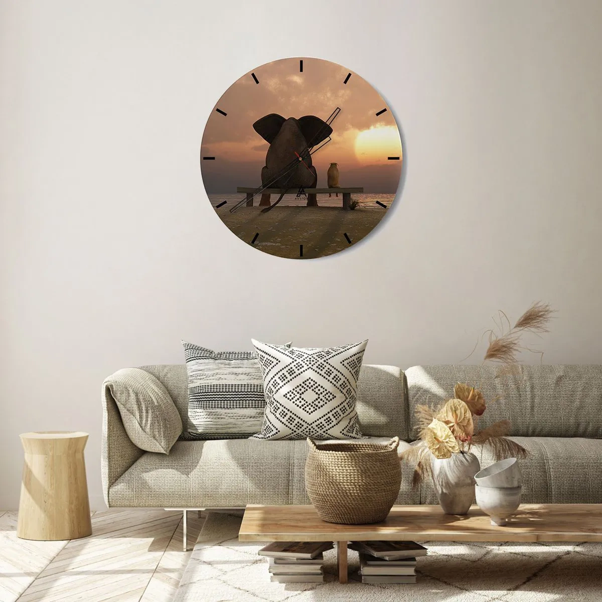 Wall clock - Clock on glass - An elephant and a dog sit on a bench at sunset by the sea. - 30x30cm - It Feels Good to Be Quiet Together - Modern wall decoration for the living room, kitchen, and bedroom ARTTOR