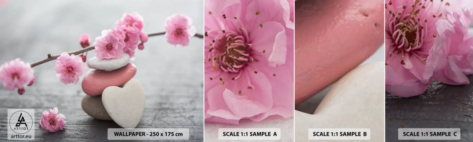 Photo Wallpaper Sample Self-Adhesive Deluxe Sticker - Bliss with Cherry Blossom - Heart, Flower, Stones - 100x30 cm