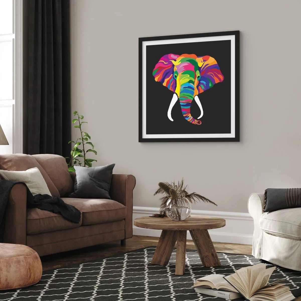 Poster in black frame - Elephant That Enjoyed Rainbow Bath - 60x60 cm
