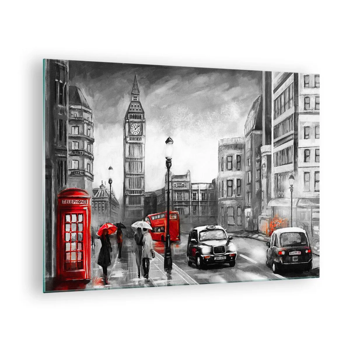 Glass picture - Big Ben and the streets of London with red accents on a gray background - 70x50cm - Not Such a Grey City - Modern wall decoration for the living room and bedroom ARTTOR