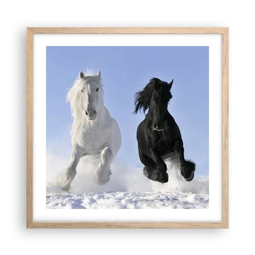 Poster in light oak frame - Black and White Gallop - 50x50 cm