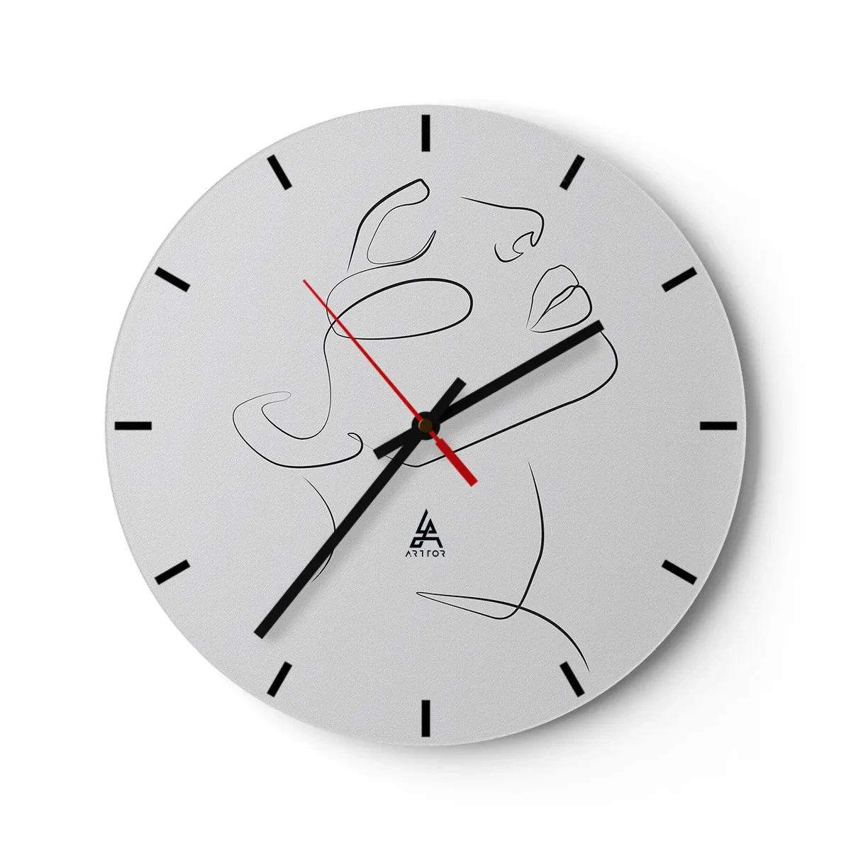 Wall clock - Clock on glass - A minimalist portrait of a woman made with lines on a white background. - 30x30cm - Meanders of a Dream - Modern wall decoration for the living room, kitchen, and bedroom ARTTOR