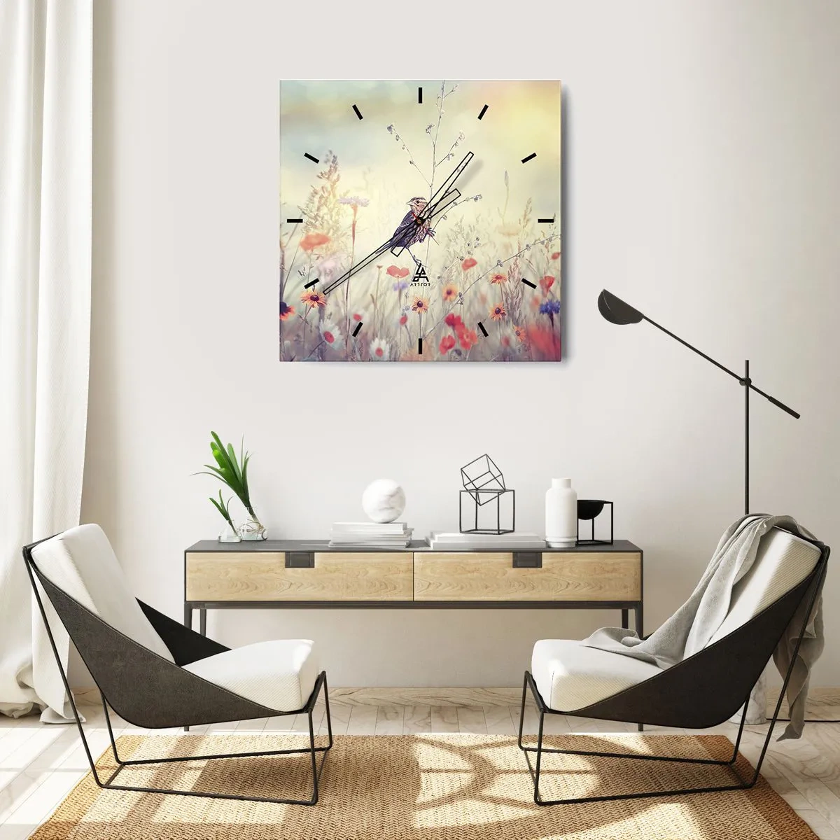 Wall clock - Clock on glass - Bird Portrait with a Meadow in the Background - 30x30 cm