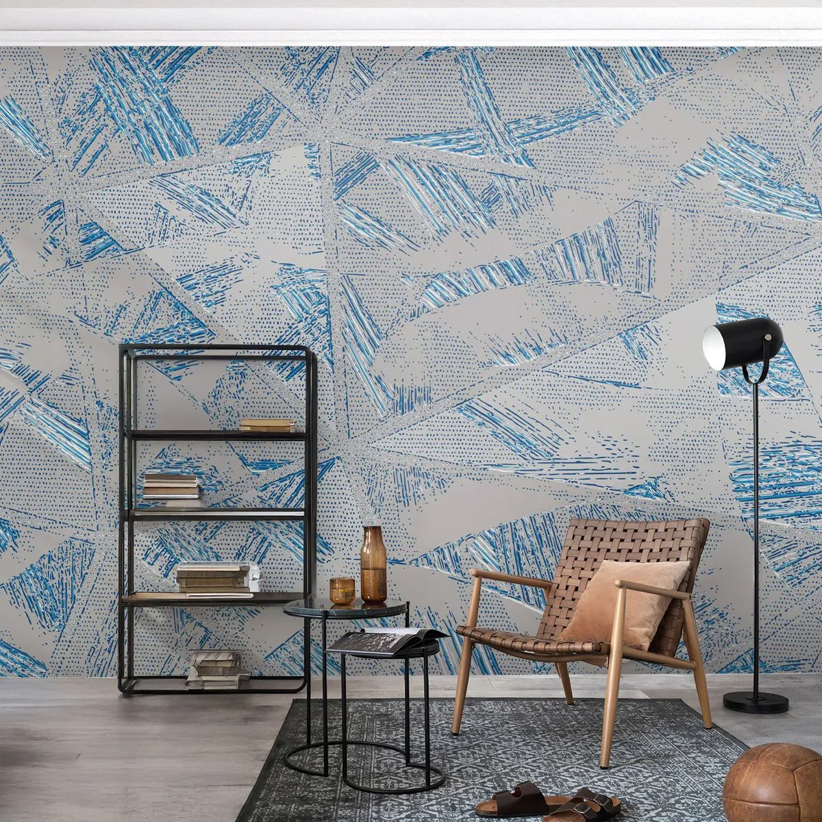 Photo Wallpaper Premium Canvas - In Blue and Grey Maze - Scribbles, Bright, Chaos - 250x175 cm