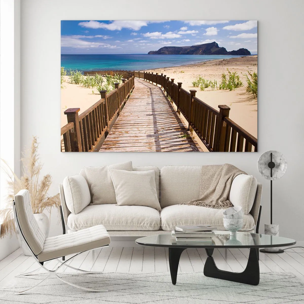Glass picture - Wooden path on the beach leading to the sea - 70x50cm - Take Me to Happy Islands - Modern wall decoration for the living room and bedroom ARTTOR