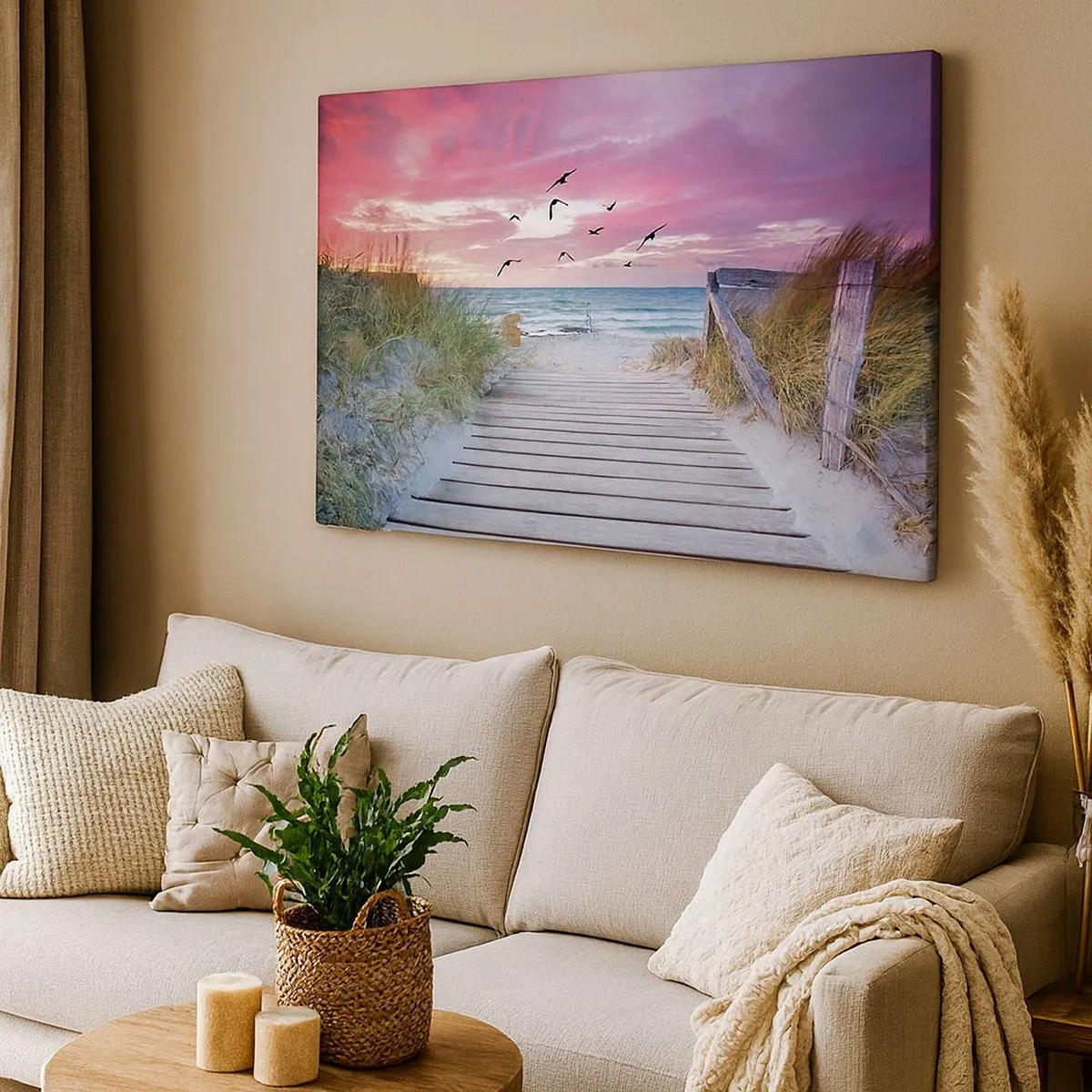 Canvas picture - Wooden path on the beach at pink sunset - 70x50cm - Baltic Impression - Modern wall decoration for the living room and bedroom ARTTOR