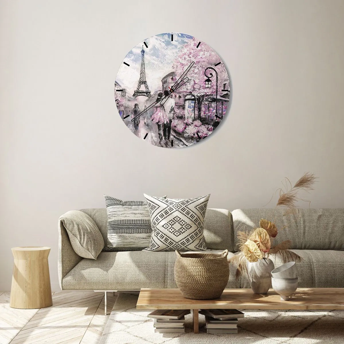 Wall clock - Clock on glass - Romantic view of Paris with the Eiffel Tower and flowering trees - 30x30cm - If You Were To Fall In Love - Modern wall decoration for the living room, kitchen, and bedroom ARTTOR