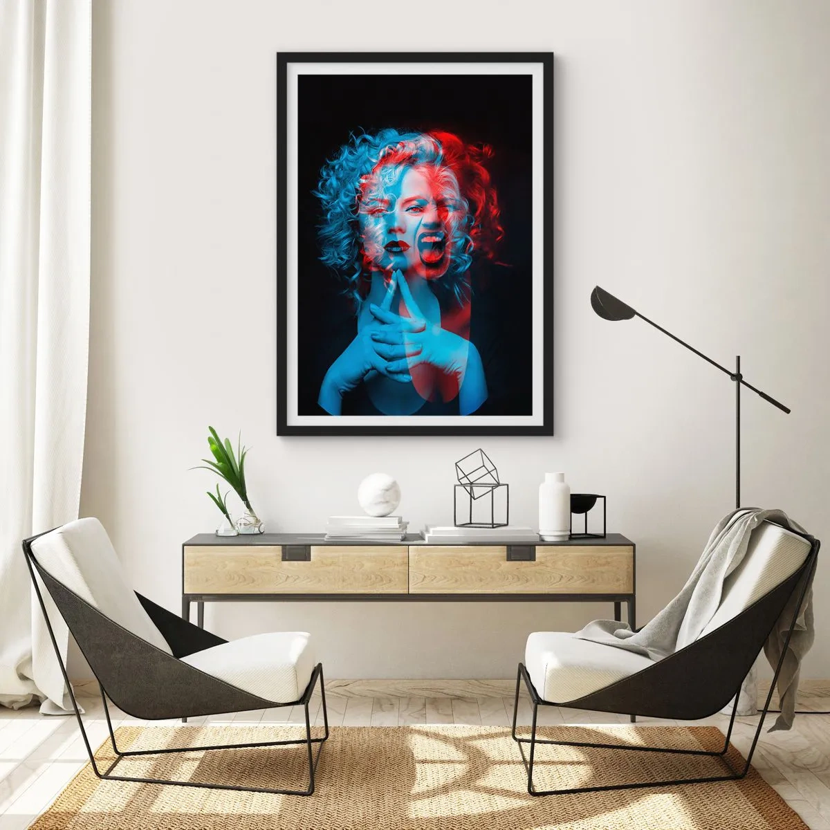 Poster in black frame - Artistic portrait of a woman in 3D effects in red and blue. - 50x70cm - Alter Ego - Modern wall decoration for the living room and bedroom ARTTOR