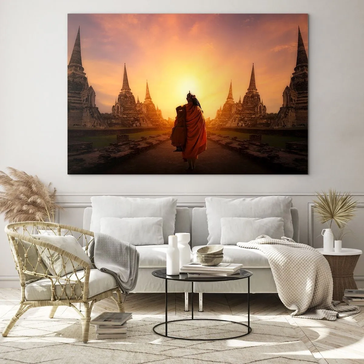 Glass picture - A monk against the backdrop of the setting sun and temples in Asia - 70x50cm - In Peace through Eternity - Modern wall decoration for the living room and bedroom ARTTOR