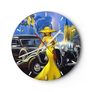 Wall clock - Clock on glass - A woman in a yellow dress with a violin next to a classic car. - 30x30cm - Nocturne for Violin and Love - Modern wall decoration for the living room, kitchen, and bedroom ARTTOR