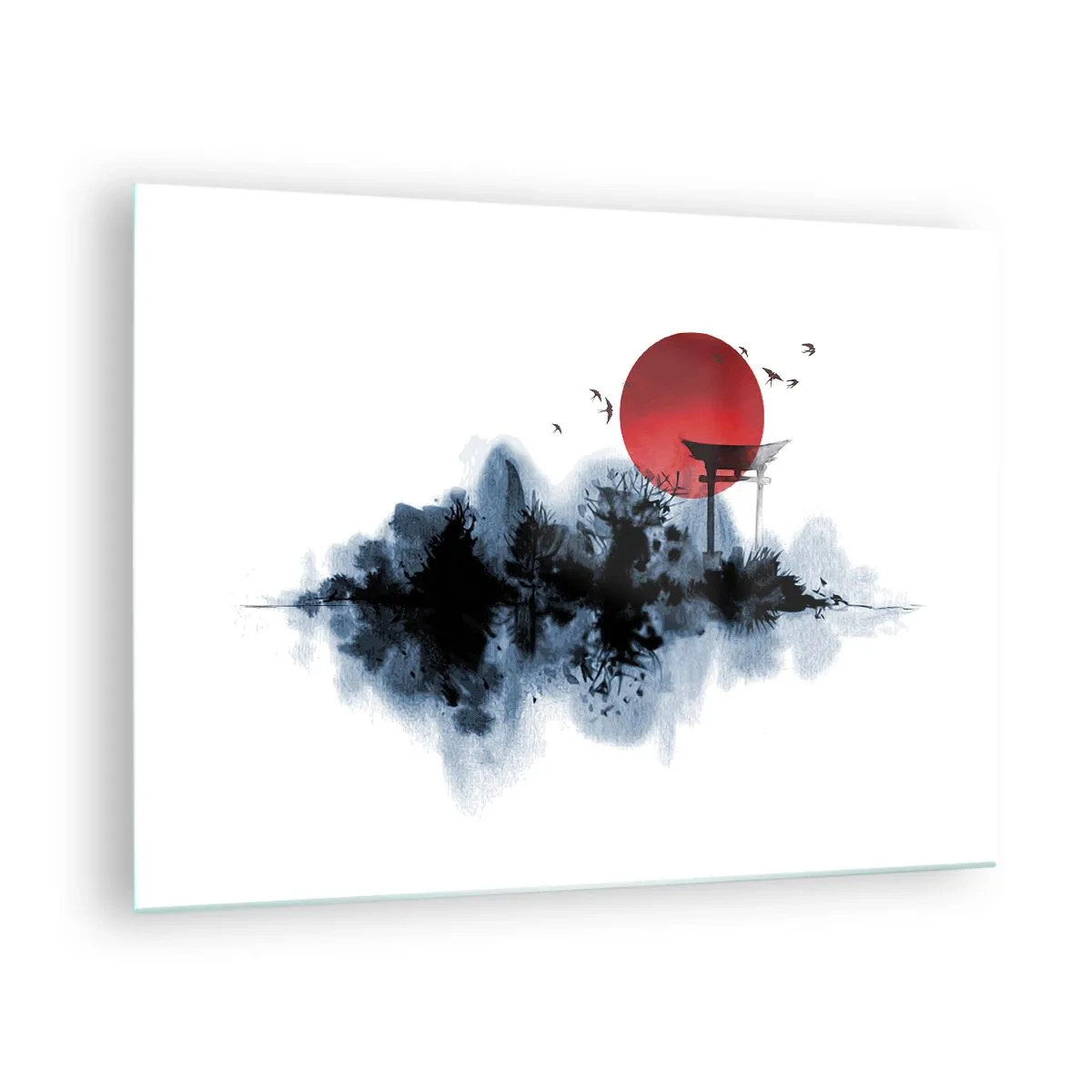 Glass picture - A minimalist landscape with a torii gate and a red sun. - 70x50cm - Japanese View - Modern wall decoration for the living room and bedroom ARTTOR