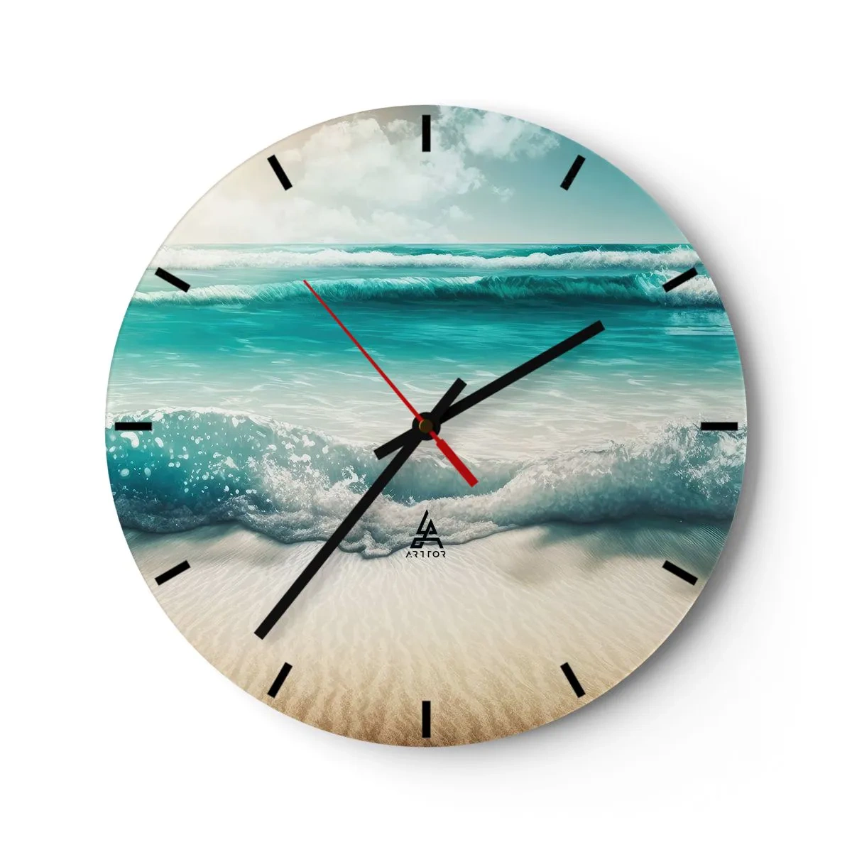 Wall clock - Clock on glass - Turquoise waves crashing on a sandy beach - 30x30cm - Calm of the Ocean - Modern wall decoration for the living room, kitchen, and bedroom ARTTOR