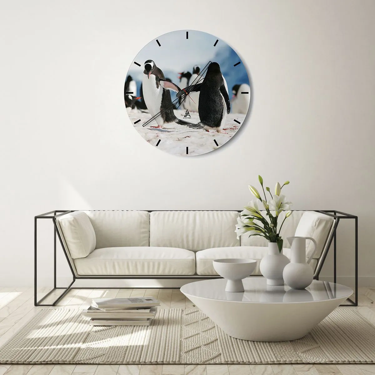 Wall clock - Clock on glass - Penguins in the snow in an Arctic landscape - 30x30cm - Dance in the Snow - Modern wall decoration for the living room, kitchen, and bedroom ARTTOR