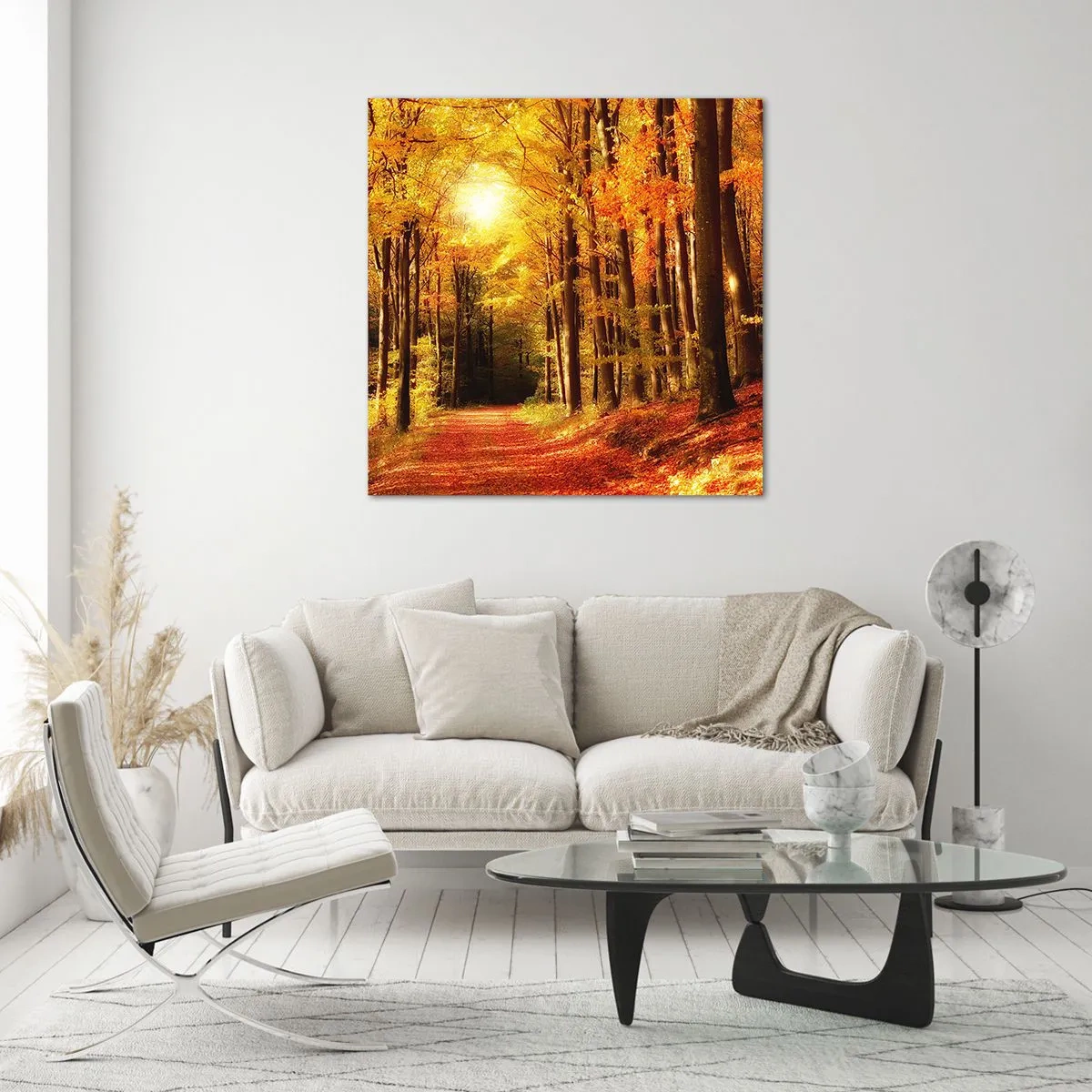 Glass picture - Golden Autumn on a Forest Path - 30x30 cm