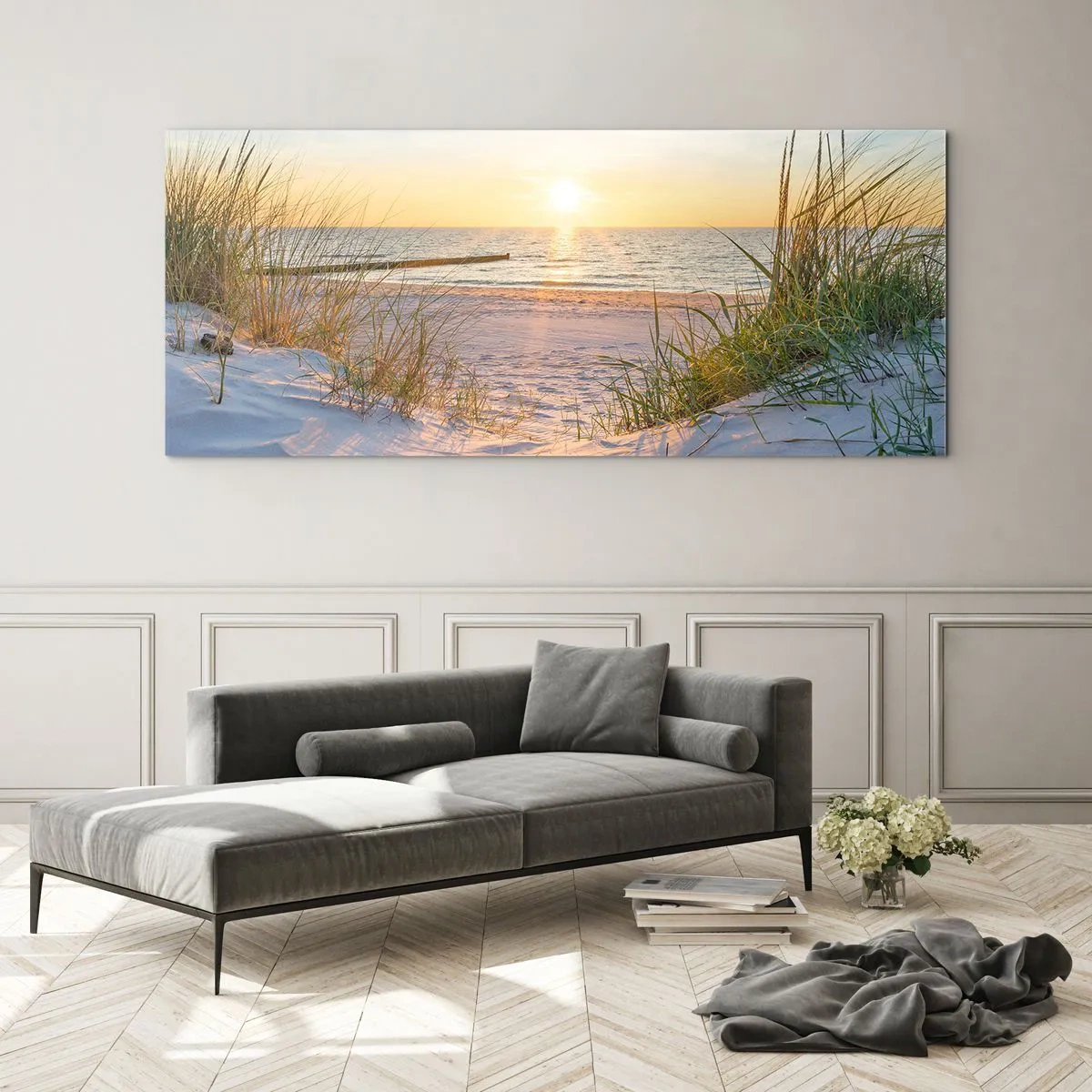 Glass picture - Sound of the Sea, Singing of the Birds, Wild Beach among Grass - 140x50 cm