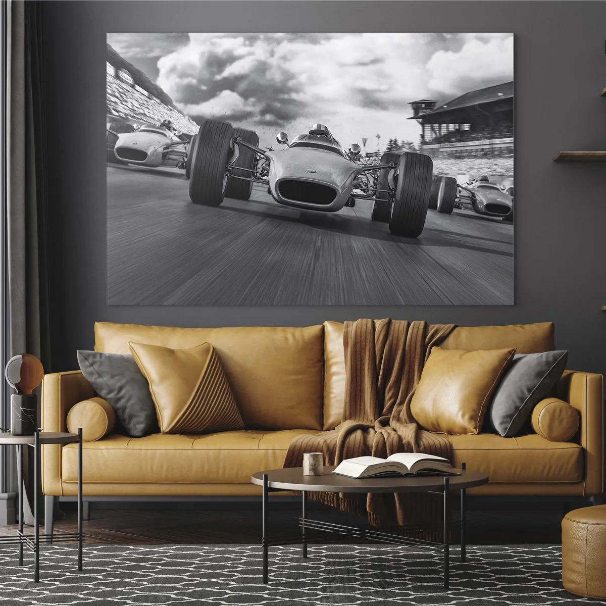 Glass picture - Classic car race on a track in black and white - 70x50cm - There is Power! - Modern wall decoration for the living room and bedroom ARTTOR