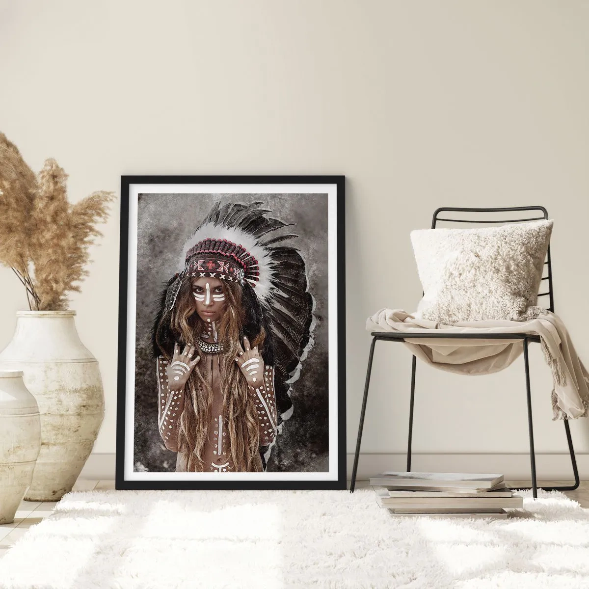 Poster in black frame - A woman in a feathered headdress with white body paintings - 50x70cm - Secret of the Power of the Tribe - Modern wall decoration for the living room and bedroom ARTTOR