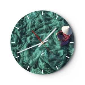 Wall clock - Clock on glass - A person wearing a traditional hat against a background of green nets. - 30x30cm - In the Sea of Nets - Modern wall decoration for the living room, kitchen, and bedroom ARTTOR