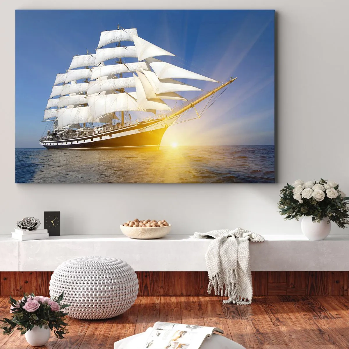 Canvas picture - A sailing ship at sea in the light of the setting sun - 70x50cm - Their Time Will Never Pass - Modern wall decoration for the living room and bedroom ARTTOR