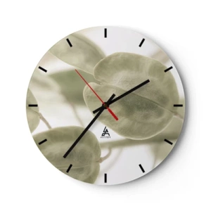 Wall clock - Clock on glass - Subtle pastel green leaves on a light background - 30x30cm - In the Beginning There Were Leaves… - Modern wall decoration for the living room, kitchen, and bedroom ARTTOR