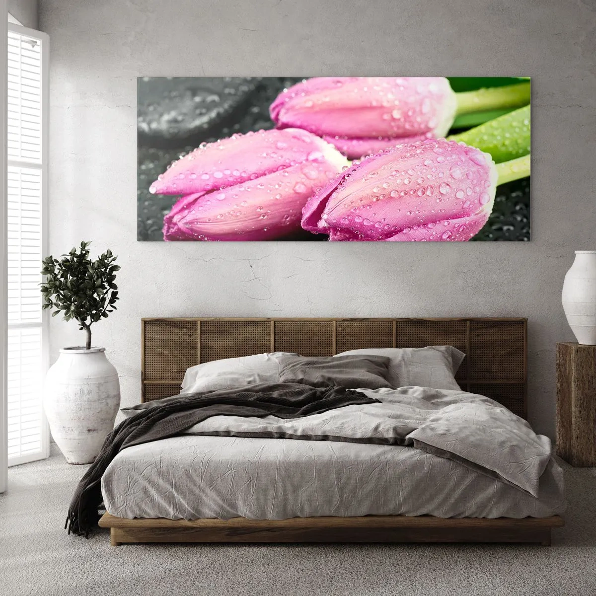 Glass picture - Three Lilacs on a Black Stone - 90x30 cm