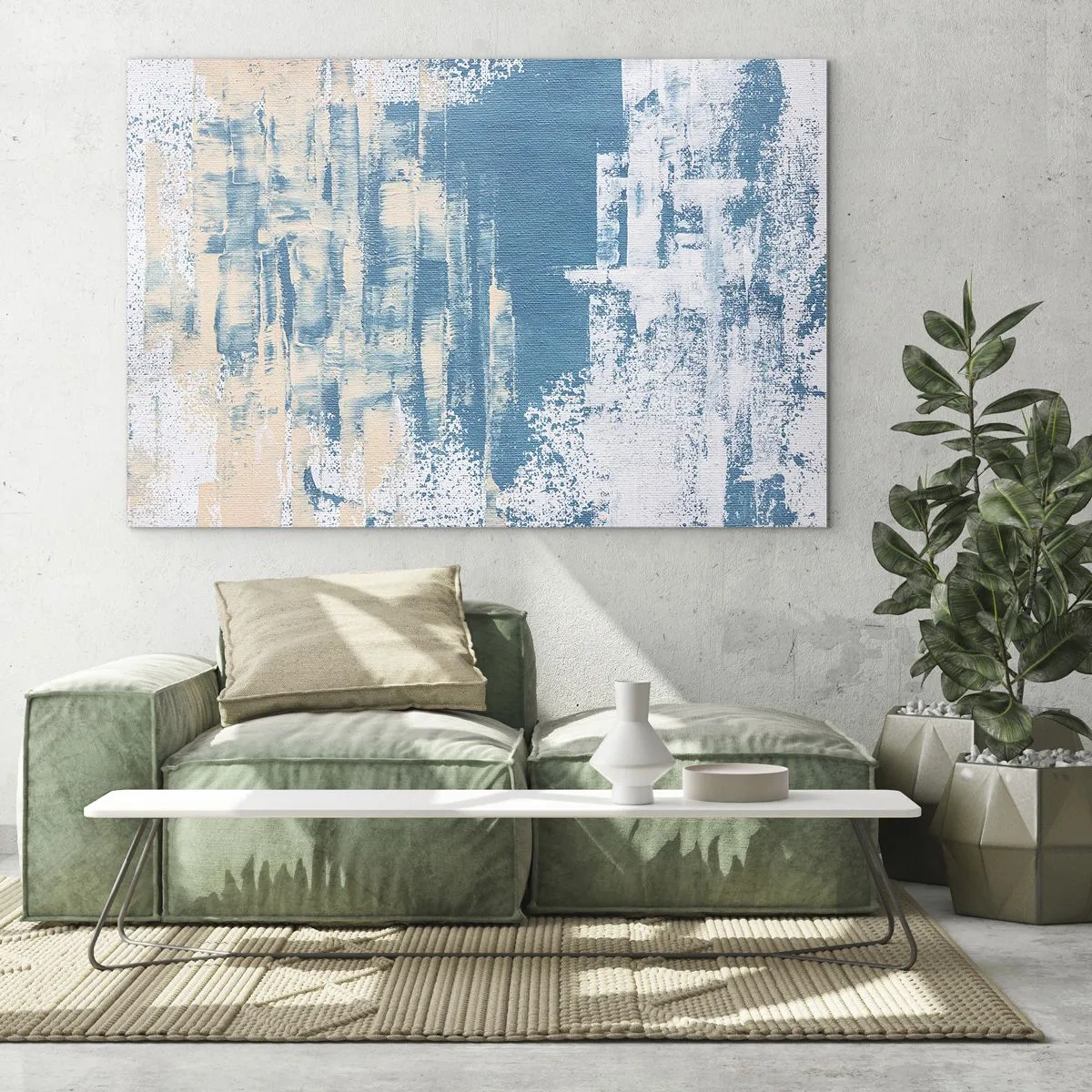 Glass picture - Abstraction in blue and beige with brush texture - 70x50cm - Through an Icicle - Modern wall decoration for the living room and bedroom ARTTOR