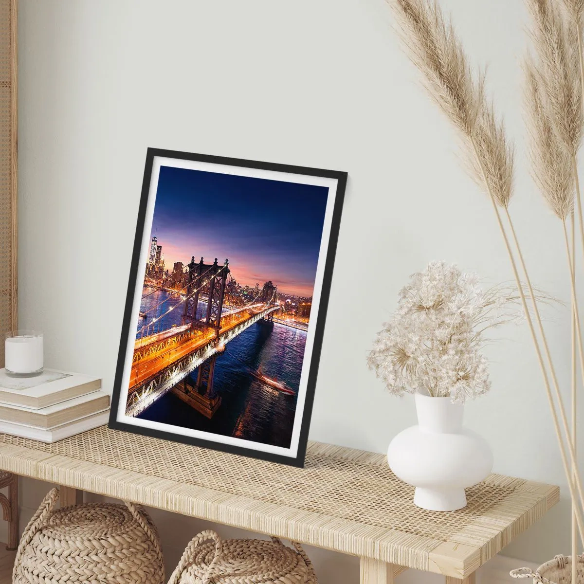 Poster in black frame - New York City Bridge at Night with a View of the City - 50x70cm - Down the Illuminated Bridge - Modern wall decoration for the living room and bedroom ARTTOR