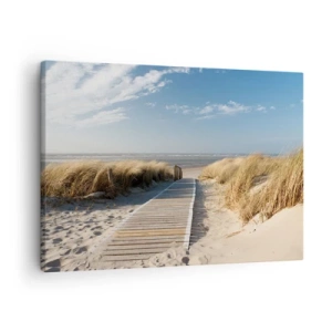 Canvas picture - A wooden path leads through the dunes to the calm sea - 70x50cm - Behind a Dune, in the Hum of Trees - Modern wall decoration for the living room and bedroom ARTTOR
